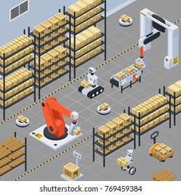 Automatic logistics solutions in warehouse facility isometric background with robotic arm gripping and placing packages vector illustration 
