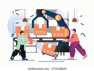 Automatic logistics technology, vector flat illustration. Automated robotic arm loading cardboard box on warehouse conveyor belt. Automated delivery process, logistics automation concept.