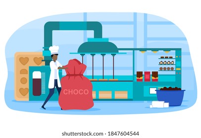 Automatic machine for production of chocolate, confectioner controlling the production process. Sweet chocolate dessert production. Chocolate factory. Cartoon flat vector illustration