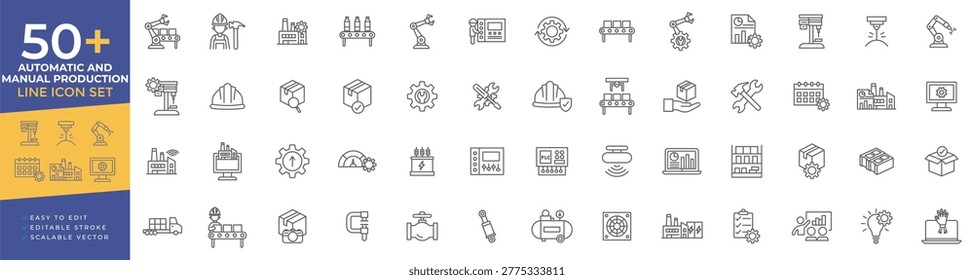 Automatic and manual Production line icon set featuring factory automation, assembly workflow, conveyor systems, robotics, quality control, packaging, and industrial process monitoring symbols.