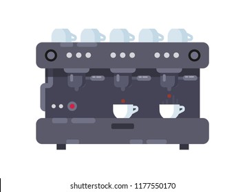 Automatic modern coffee machine for making beverages at home, in office, coffee break. Design of machinery, technology, variety of drinks, simultaneous making for several cups. Vector illustration.