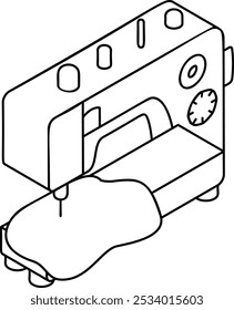 Automatische moderne Nähmaschine mit Verstellnoppen isometrisches Umrisskonzept, eine Person, um einzelne Artikel zu nähen, Vektorsymbol, maßgeschneiderte Schneidersymbol, Maßgeschneiderte Kleidung Zeichen, Sewistmaterials