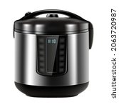 Automatic multi cooker and pressure cooker, isolated on White Background. Front View Modern Stainless Steel. Saute and Steamer. Electric Domestic Home and Kitchen Appliances. Realistic 3d vector