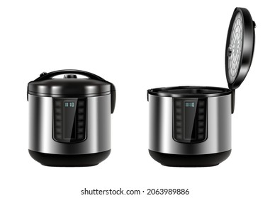 Automatic multicooker and pressure cooker with open and closed lid, isolated on white. Contemporary stainless steel. Saute and double boiler. Electrical appliances kitchen. Realistic 3d vector