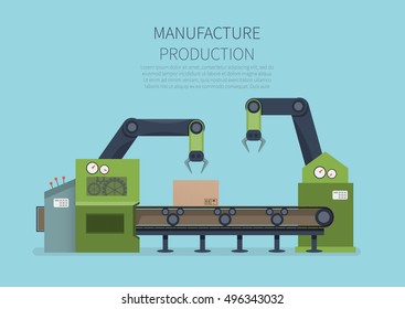 automatic operation on a conveyor line. Flat style vector illustration