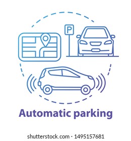 Automatic Parking Concept Icon. Driverless Car Navigation. Smart Car-maneuvering System. Self-driving Feature Idea Thin Line Illustration. Vector Isolated Outline Drawing. Editable Stroke