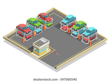 Automatic parking isometric concept with colorful cars positioning in two lines and stages vector illustration