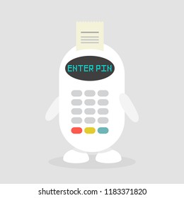 Automatic payment system. MAchine learning. Robot. Device. Finance. Pos terminal. Flat editable vector illustration, clip art