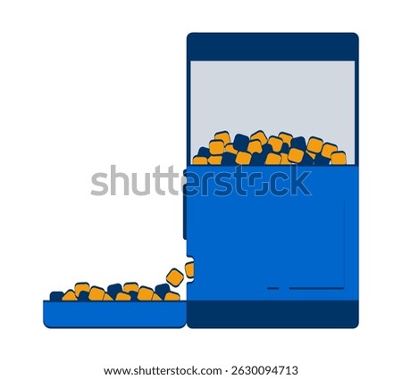 Automatic pet feeder 2D doodle object. Smart gadget dispensing food pellets into bowl. Feeding kibble tech cartoon element flat vector clipart isolated on white background. Hand drawn illustration