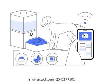 Alimentador automático de mascotas Ilustraciones vectoriales de dibujos animados aislados. El dueño del perro maneja un alimentador automático con el App especial del smartphone, rutina de las mascotas, tareas diarias en casa, historieta del Vector del cuidado animal.