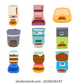 Alimentador automático de mascotas Set de dibujos animados. Dispensador de alimentos, control digital, signo de alimentador automático de mascotas de perro de gato. símbolo aislado Ilustración vectorial