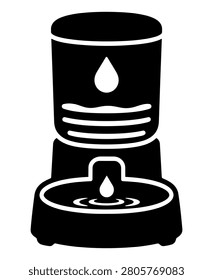 Automatic pet water dispenser black silhouette icon with cylindrical reservoir, water drop symbol, dripping spout, bowl base, water ripples, liquid level lines, and clean cutout details isolated on white background. Minimal animal hydration station illustration for cat and dog supplies, product label, packaging, sticker, and shop category.