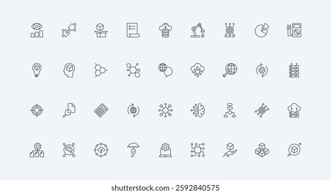 Automatic processes of servers, smart solution and model thin black outline symbols vector illustration. Big data, machine learning, algorithm and structure visualization with AI line icon set