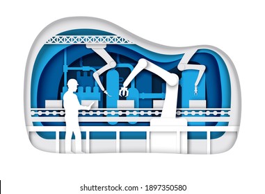 Automatic production conveyor belt with industrial robotic arms, line operator silhouettes. Vector illustration in paper art style. Factory automation, robotic industry, automation in manufacturing.