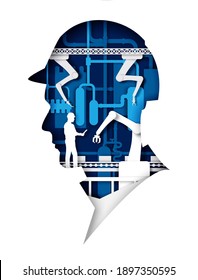 Automatic production conveyor belt with industrial robotic arms, worker inside of human head in helmet silhouette. Vector illustration in paper art style. Robotic industry, plant automation technology