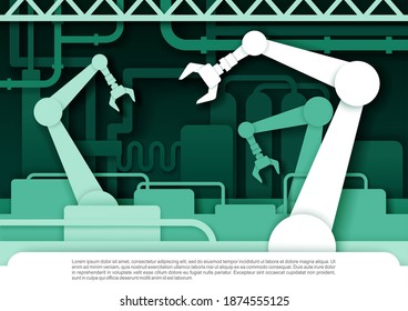 Automatic production conveyor belt with robotic arms. Vector illustration in paper art style. Robotic industry concept.