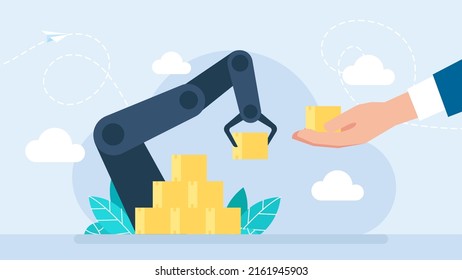 Automatic production conveyor. Cooperation of man and robotic hand. Automatic machine. Automation of production and delivery. Robotic arm. Industry concept. Flat Style. Business illustration 