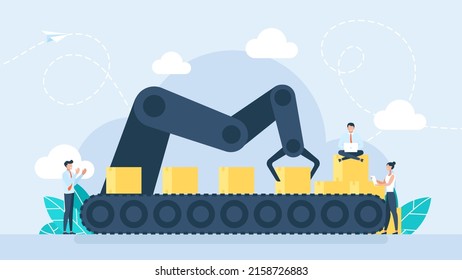 Automatic production conveyor. Tiny people working at the production line. Conveyor system. Automatic machine, package on the line. Robotic industry concept. Flat Style. Vector illustration 
