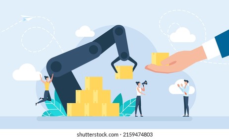 Automatic production conveyor. Tiny people working at the production line. Conveyor system. Automatic machine, package on the line. Robotic arm. Industry concept. Flat Style. Vector illustration 