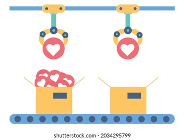 Automatic production line with robotic arms packing likes in boxes. Conveyor, approval, social media, feedback, bot. Blogging concept. Appliances for manufacturing plants