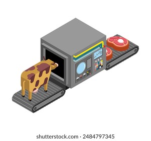 Automatische Herstellung von Steaks. Kuh und Fleisch Produktion Komplex der technologischen Ausrüstung. In: Beef Engineering Vehicle Isometric. In: Hamon Food Production Equipment.