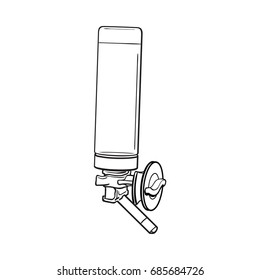 Automatic refillable drinker, can be attached to pet, cat, dog, parrot cage, crate wall, sketch vector illustration isolated on white background. Refillable, attachable drinker for pets and birds