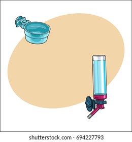 Automatic refillable drinker, plastic bowl for pet, cat, dog, parrot cage, kennel, crate, sketch vector illustration with space for text. Attachable drinker and feeding bowl for pets, birds