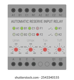 Automatic reserve input relay for DIN rail mount. Vector illustration