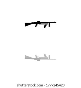 Automatic Rifle. Black symbol on white background. Simple illustration. Flat Vector Icon. Mirror Reflection Shadow. Can be used in logo, web, mobile and UI UX project