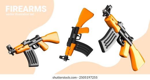 Automatic rifle in different positions. New firearm with magazine. Set of detailed templates