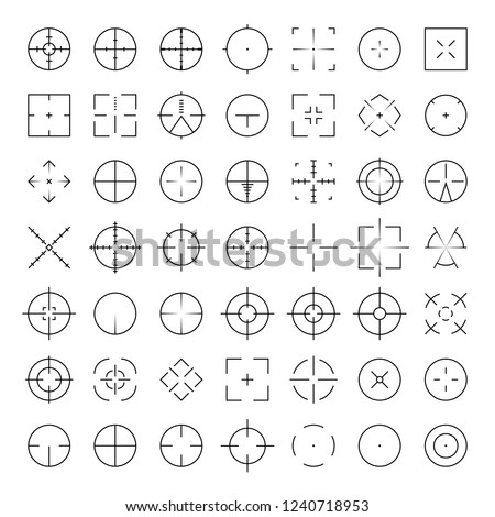 Automatic rifle sniper scope crosshairs thinline icon set. AR Collimator sight glyphs. Military war gun aim silhouettes.