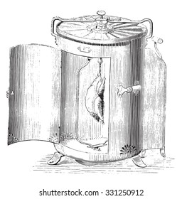 Automatic roasting pan, vintage engraved illustration. Magasin Pittoresque 1877.