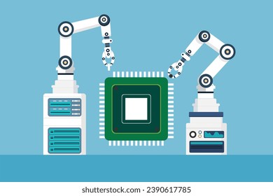 Der automatische Roboterarm produziert Prozessor,Mikrochip,Chipsatz,Industrieroboter-Manipulatoren,Anwendung der künstlichen Intelligenz in der Steuerung der Produktionslinien,flache Vektorgrafik.