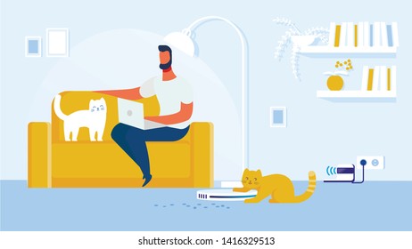 Automatic Robot Cleaner Cartoon Flat Vector Illustration. Man Character Sitting on Sofa and Working on Laptop with Cute Kitten. Robot Vacuuming Wool on Floor, Cat Playing with Equipment.