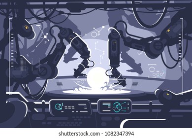 Automatic robot in industrial production. Robo hand processed product. Vector illustration