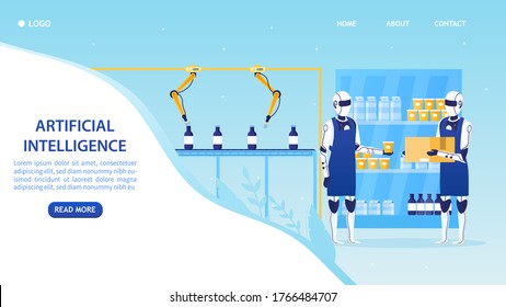 Automatic Robotic Claw Conveyor Dairy Product. Robotic arm works on the line. Robots milkmen pack products. Manufacture storage equipment. Futuristic Artificial Intelligence Technology. Flat Vector