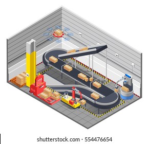 Automatic robotic warehouse section isometric interior with conveyor tape lifter images and electric manipulator moving boxes vector illustration