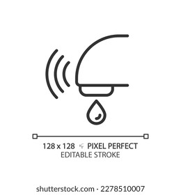 Icono lineal perfecto del píxel de grifo del sensor automático. Tecnología sin contacto en el baño. Sanitario e higiene. Ilustración de línea delgada. Símbolo de contorno. Dibujo del contorno del vector. Trazo editable