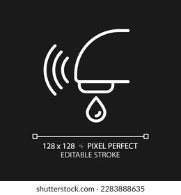 Automatic sensor faucet pixel perfect white linear icon for dark theme. Contactless technology in toilet room. Thin line illustration. Isolated symbol for night mode. Editable stroke