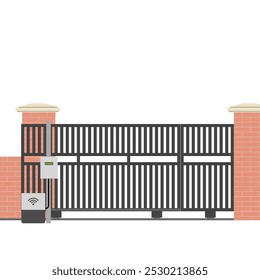 Automatic sliding door. Brick wall, iron fence, internet, infrared, technology, remote, control panel, house, home. Vector