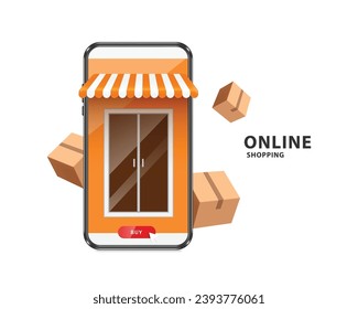 Automatic sliding door are in front of smartphone store or shop and there is buy button for online shopping below and there were parcel boxes floating around in air, vector 3d isolated for e-commerce