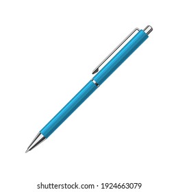 Automatic spring ballpoint pen in blue metallic case. School or office tools collection. Flat vector illustration isolated on white background 