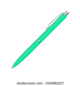 Automatic spring ballpoint pen in green plastic case with metal button. School or office tools collection. Flat vector illustration isolated on white background 
