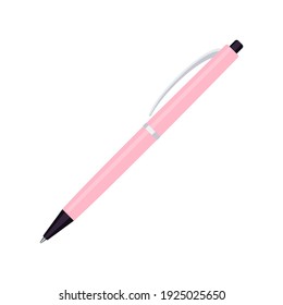 Automatic spring ballpoint pen in pink plastic case. School or office tools collection. Flat vector illustration isolated on white background 