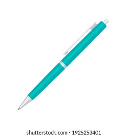 Automatic spring ballpoint pen in turquoise plastic case. School or office tools collection. Flat vector illustration isolated on white background 