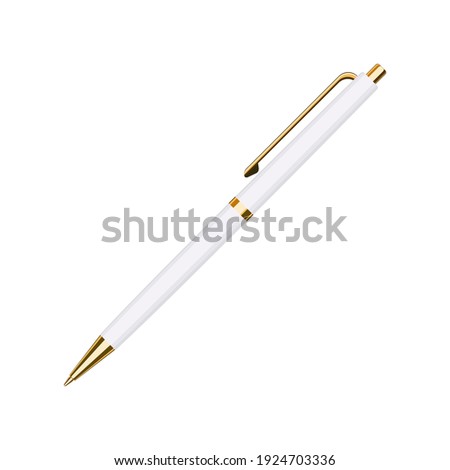 Automatic spring ballpoint pen in white case with golden button. School or office tools collection. Flat vector illustration isolated on white background 