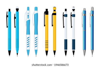 Automatic spring ballpoint pens and mechanical pencils set of various designs. Collection of tools for writing and painting. Flat vector illustration isolated on white background 