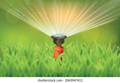 Automatic sprinkler system watering fresh green lawn realistic vector illustration