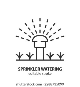 Automatic sprinkler system watering line icon. Garden irrigation vector outline illustration. Smart farming symbol. Editable stroke.