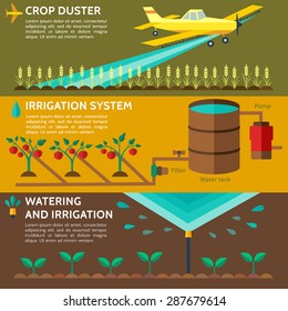 Automatic Sprinklers Watering. Agriculture, Low Flying Yellow Crop Duster Spraying Agricultural Chemicals Pesticide A Farm Field.  Watering Irrigation System. Vector Illustration.